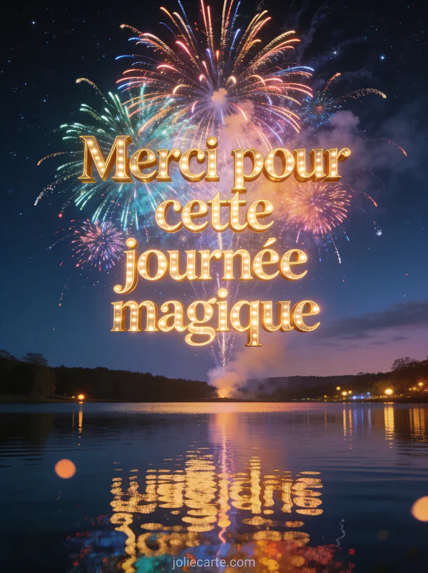 Feu d’artifice multicolore dans un ciel étoilé avec reflets sur un lac calme et le texte Merci pour cette journée magique