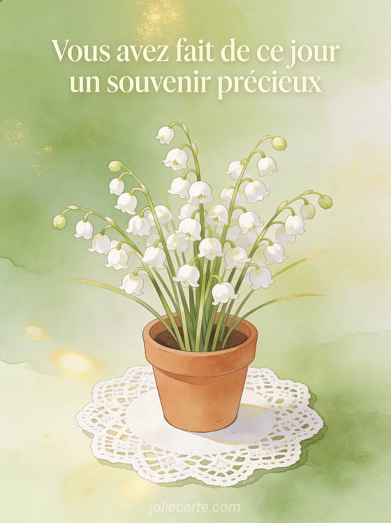 Bouquet de muguet dans un pot en terre cuite sur un napperon en dentelle avec le texte Vous avez fait de ce jour un souvenir précieux