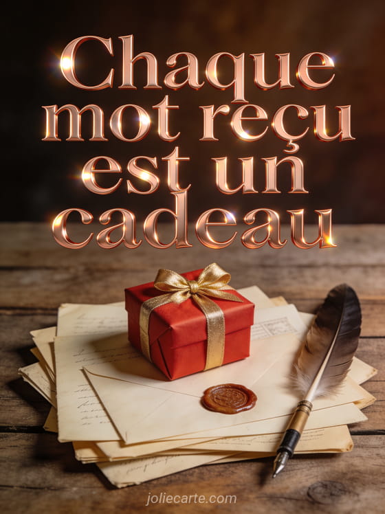 Paquet cadeau rouge avec noeud doré posé sur des lettres anciennes cachetées à la cire avec le texte Chaque mot reçu est un cadeau