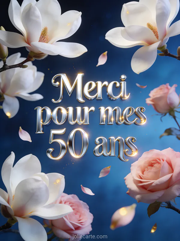 Magnolias blancs et roses sur fond bleu nuit avec le texte Merci pour mes 50 ans en lettres argentées