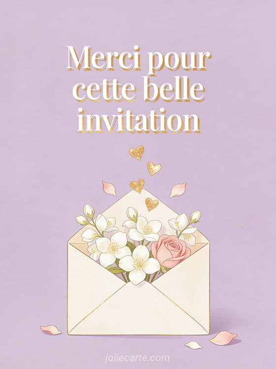 Enveloppe ouverte avec des fleurs de jasmin et des pétales de rose, petits coeurs dorés, texte Merci pour cette belle invitation