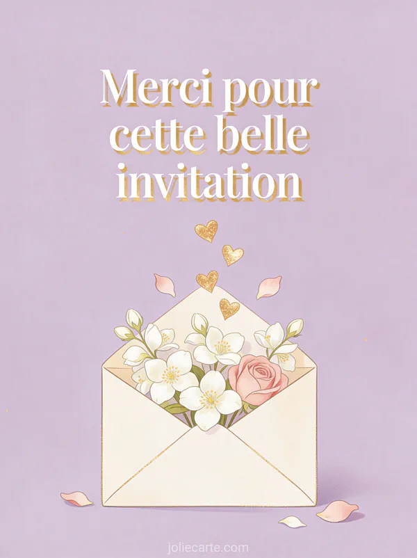 Enveloppe ouverte avec des fleurs de jasmin et des pétales de rose, petits coeurs dorés, texte Merci pour cette belle invitation