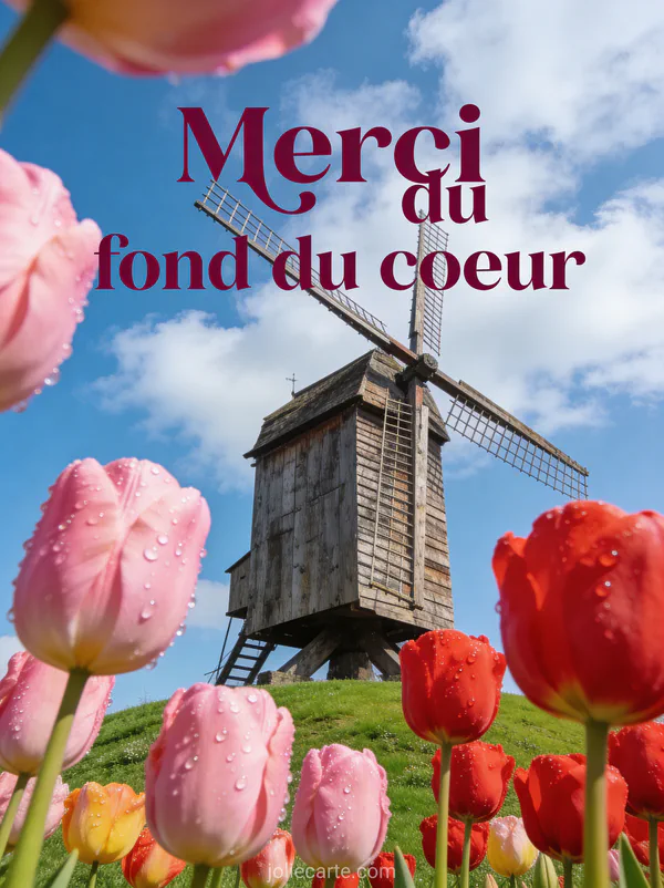 Champ de tulipes roses et rouges avec moulin à vent et le texte Merci du fond du coeur en lettres bordeaux