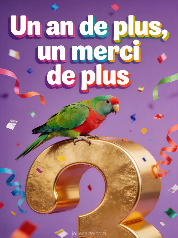 Illustration d'un perroquet vert et rouge perché sur un chiffre doré avec confettis et le texte Un an de plus un merci de plus
