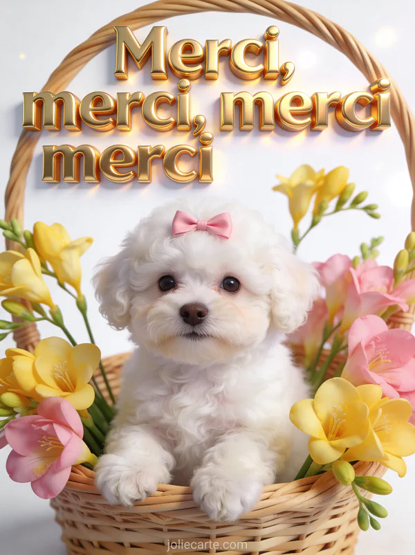 Petit chien bichon frisé blanc avec un nœud rose assis dans un panier de freesias avec le texte Merci merci merci