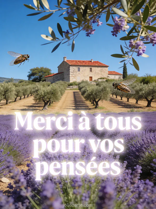 Paysage provençal avec champ de lavande et oliviers sous un ciel bleu avec le texte Merci à tous pour vos pensées
