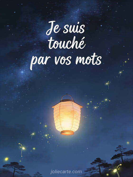 Lanterne japonaise lumineuse flottant dans un ciel étoilé avec lucioles et le texte Je suis touché par vos mots