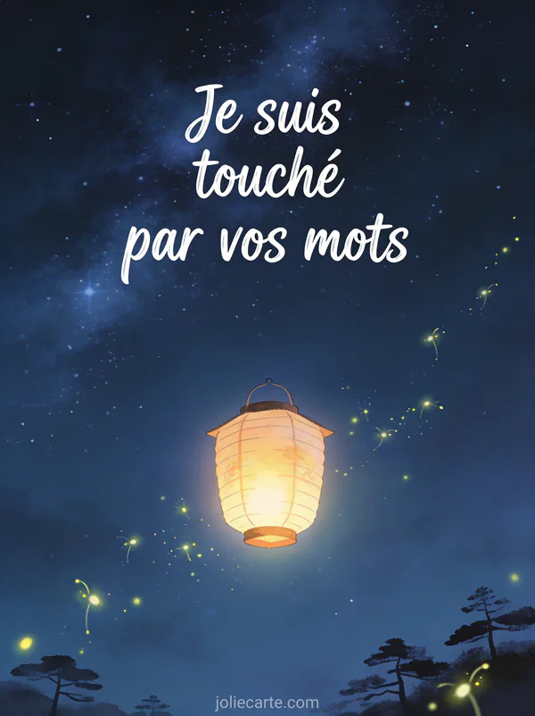 Lanterne japonaise lumineuse flottant dans un ciel étoilé avec lucioles et le texte Je suis touché par vos mots