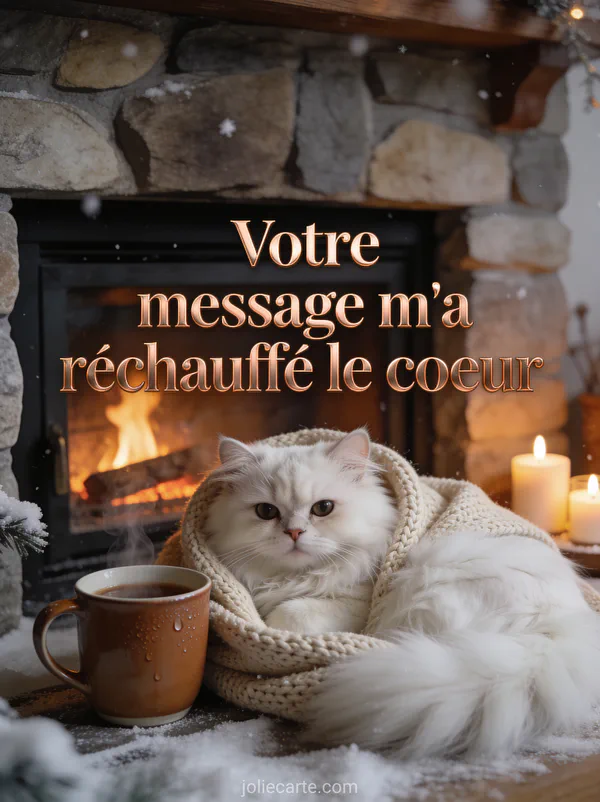 Chat persan blanc lové dans une couverture tricotée devant une cheminée avec le texte Votre message m'a réchauffé le cœur