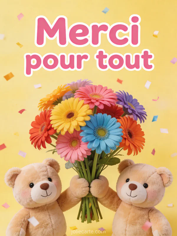 Bouquet de gerberas multicolores tenu par un ours en peluche avec le texte Merci pour tout sur fond jaune pâle