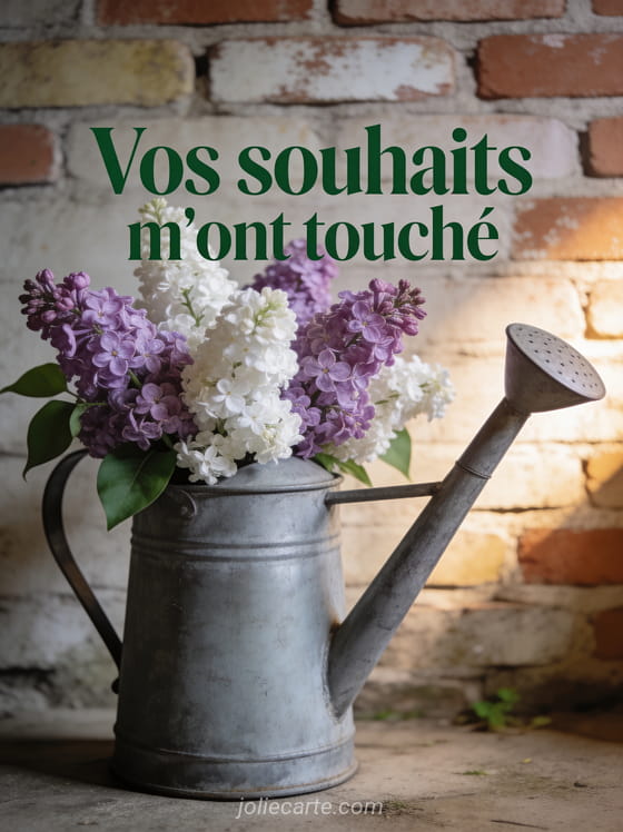 Bouquet de lilas mauves et blancs dans un arrosoir en zinc vintage avec le texte Vos souhaits m'ont touché