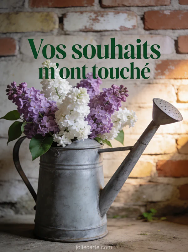 Bouquet de lilas mauves et blancs dans un arrosoir en zinc vintage avec le texte Vos souhaits m'ont touché