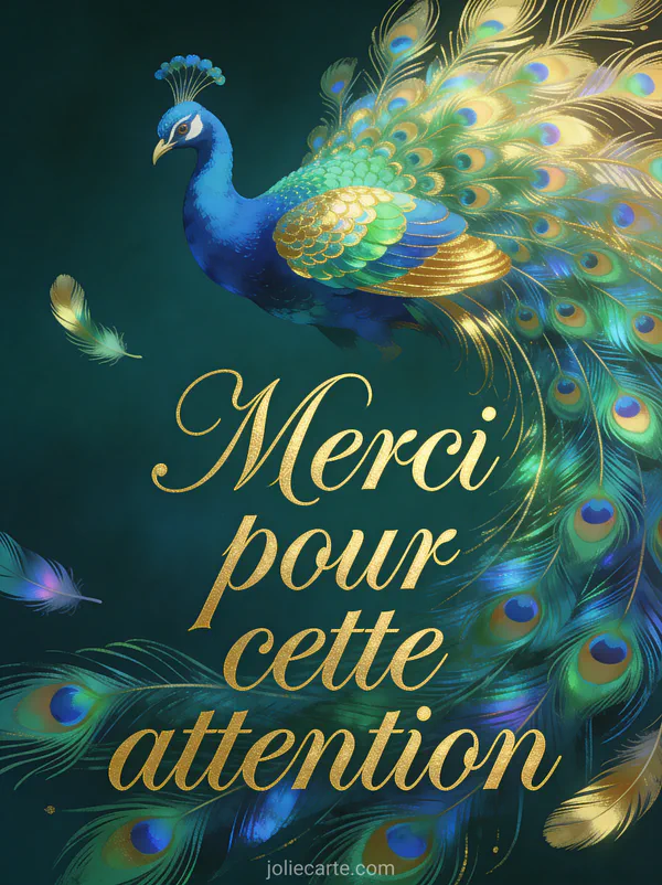 Paon majestueux aux plumes iridescentes bleu vert et or sur fond émeraude avec le texte Merci pour cette attention