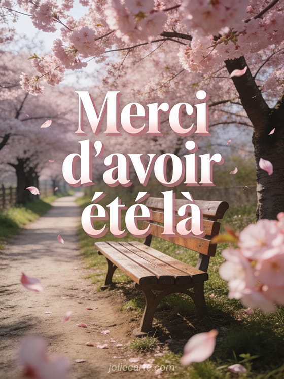 Chemin de campagne bordé de cerisiers en fleurs roses avec un banc en bois et le texte Merci d’avoir été là