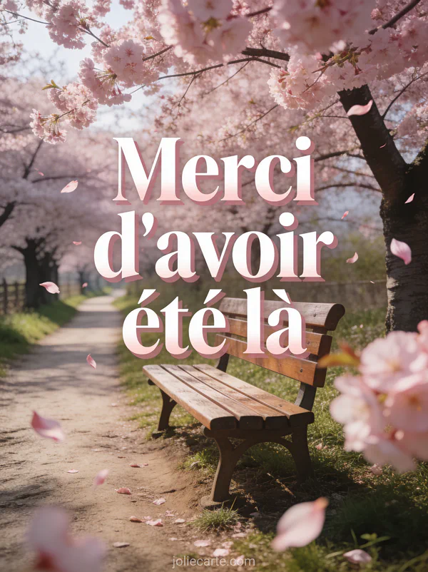Chemin de campagne bordé de cerisiers en fleurs roses avec un banc en bois et le texte Merci d’avoir été là