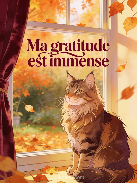Chat maine coon majestueux assis devant une fenêtre avec jardin automnal et le texte Ma gratitude est immense