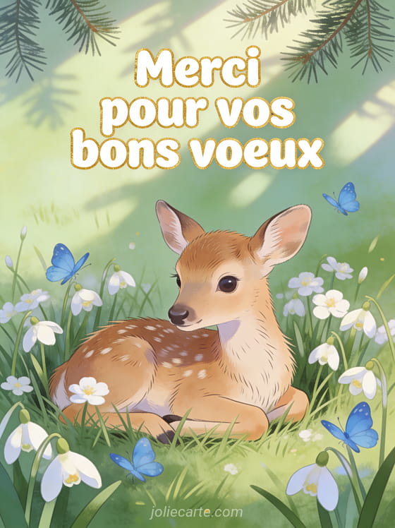 Petit faon couché dans l'herbe entouré de pâquerettes et papillons bleus avec le texte Merci pour vos bons voeux
