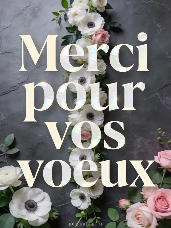 Cascade d'anémones blanches et roses sur fond ardoise avec le texte Merci pour vos voeux en lettres crème nacrées