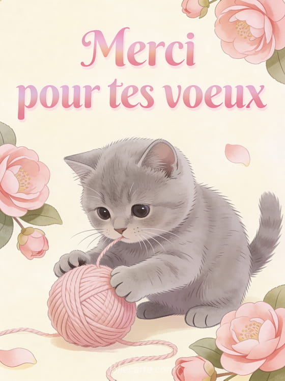 Chaton british shorthair gris jouant avec une pelote de laine rose entouré de camélias avec le texte Merci pour tes voeux