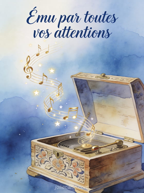 Illustration aquarelle d'une boîte à musique ancienne ouverte avec des notes dorées et le texte Ému par toutes vos attentions