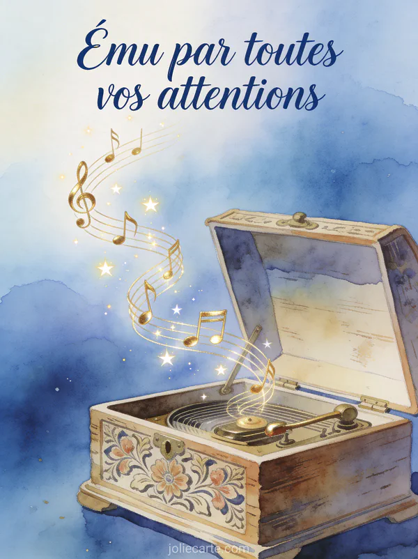 Illustration aquarelle d'une boîte à musique ancienne ouverte avec des notes dorées et le texte Ému par toutes vos attentions