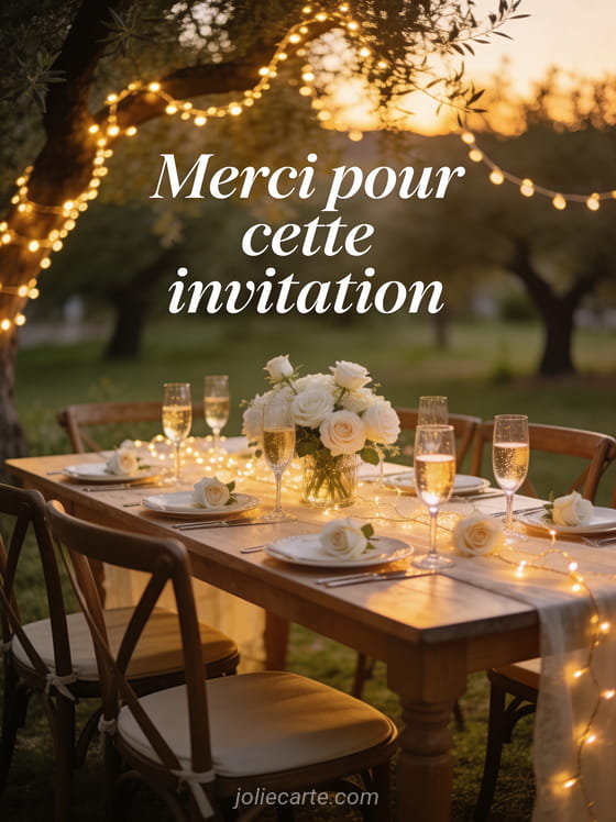 Table de jardin dressée avec verres de champagne et roses blanches sous des guirlandes lumineuses avec le texte Merci pour cette invitation