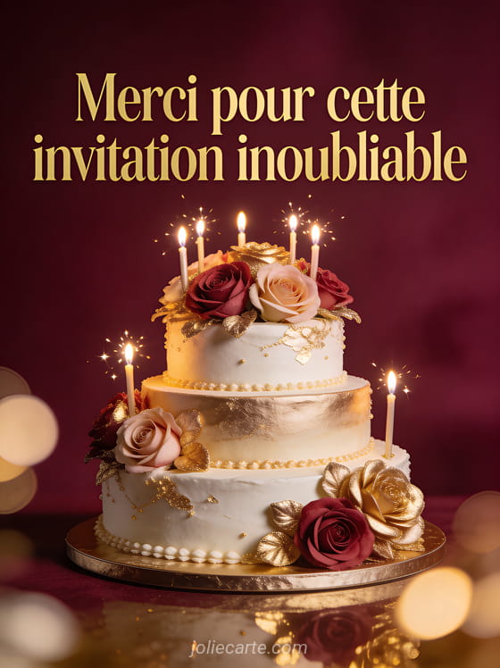 Gâteau d'anniversaire à trois étages décoré de fleurs roses et dorées avec bougies scintillantes et le texte Merci pour cette invitation inoubliable