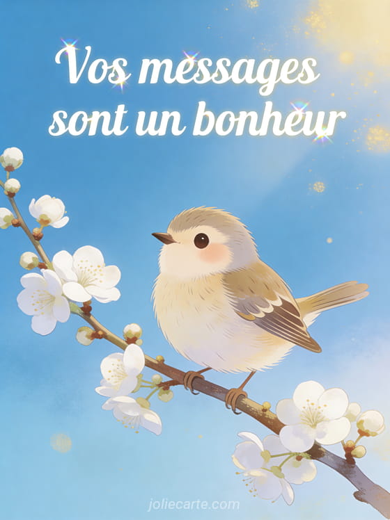 Petit oiseau troglodyte perché sur une branche d'aubépine en fleurs blanches avec le texte Vos messages sont un bonheur