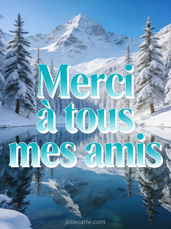 Lac de montagne aux reflets cristallins entouré de sapins enneigés sous un ciel bleu avec le texte Merci à tous mes amis