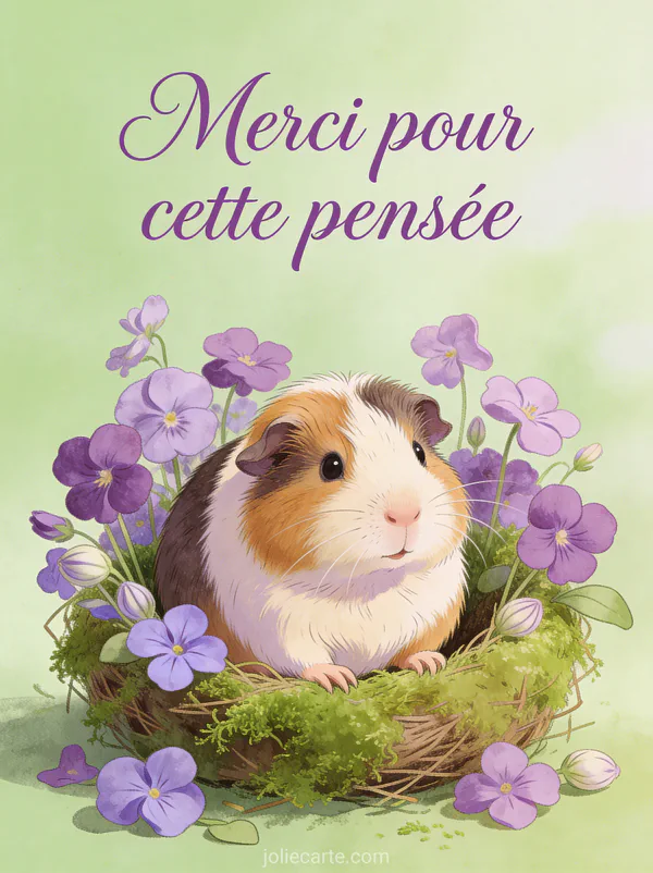 Illustration d'un cochon d'Inde mignon entouré de violettes et pervenches avec le texte Merci pour cette pensée