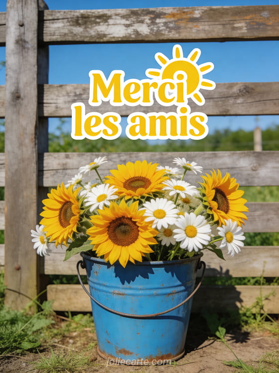 Bouquet de tournesols et marguerites dans un seau métallique bleu avec le texte Merci les amis, ambiance campagne estivale