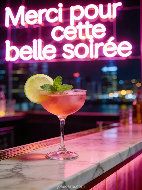 Cocktail coloré avec menthe et citron sur comptoir en marbre devant une ville illuminée la nuit avec le texte Merci pour cette belle soirée