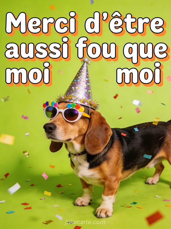 Illustration drôle d'un chien teckel avec chapeau d'anniversaire trop grand et lunettes de fête, confettis, fond vert pomme, texte Merci d'être aussi fou que moi