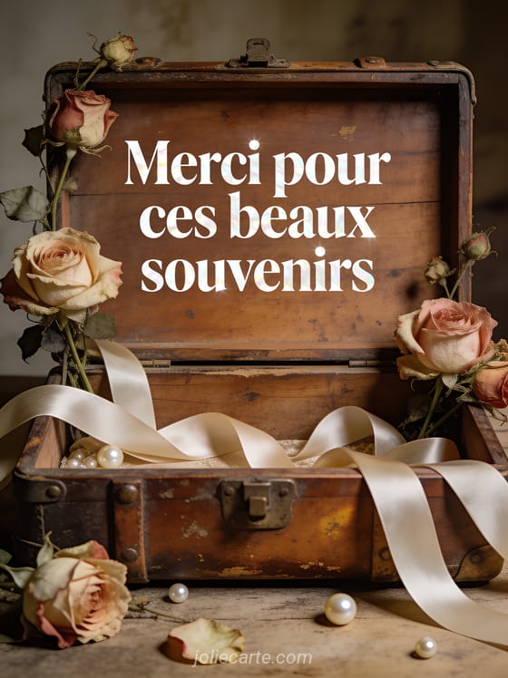 Vieille valise ouverte remplie de roses anciennes avec rubans en satin et perles sur fond bois patiné avec le texte Merci pour ces beaux souvenirs