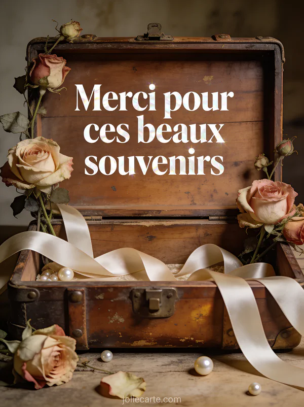 Vieille valise ouverte remplie de roses anciennes avec rubans en satin et perles sur fond bois patiné avec le texte Merci pour ces beaux souvenirs