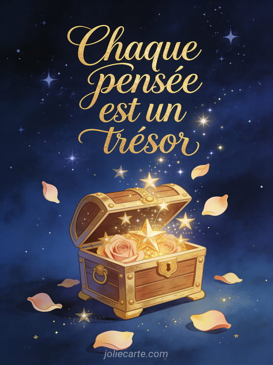 Coffre au trésor ouvert avec étoiles dorées et pétales de roses sur fond bleu nuit avec le texte Chaque pensée est un trésor