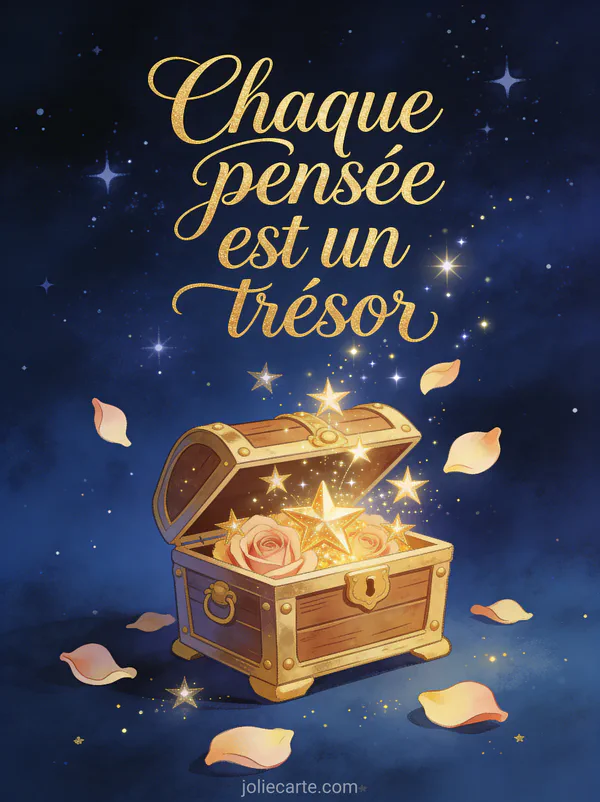Coffre au trésor ouvert avec étoiles dorées et pétales de roses sur fond bleu nuit avec le texte Chaque pensée est un trésor