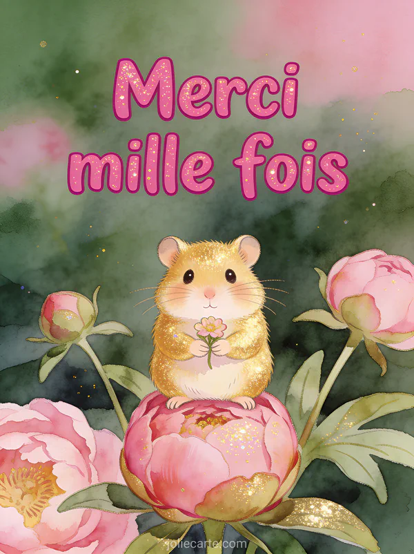 Hamster doré tenant une fleur sur un bouton de pivoine rose avec le texte Merci mille fois