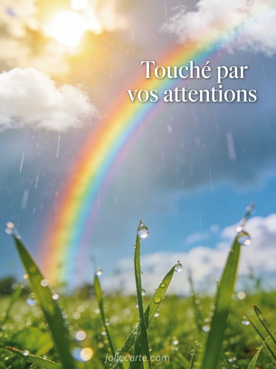 Arc-en-ciel après la pluie au-dessus d'un champ verdoyant avec le texte Touché par vos attentions