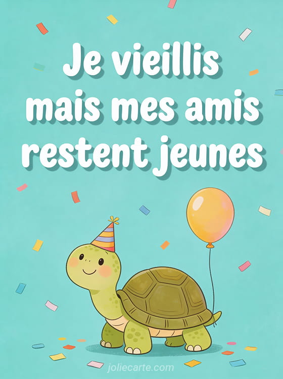Tortue souriante avec chapeau de fête et ballon attaché à sa carapace sur fond turquoise avec confettis et texte Je vieillis mais mes amis restent jeunes
