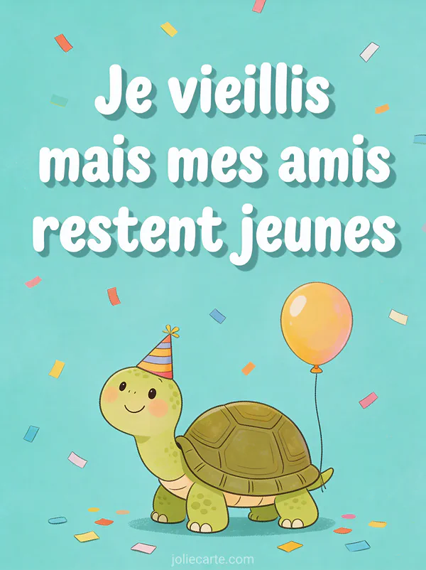 Tortue souriante avec chapeau de fête et ballon attaché à sa carapace sur fond turquoise avec confettis et texte Je vieillis mais mes amis restent jeunes