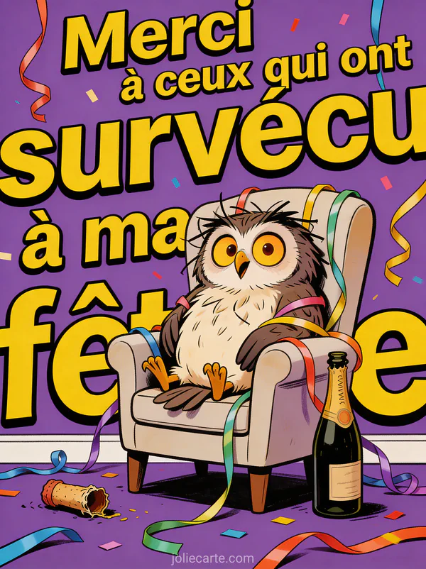 Hibou ébouriffé assis dans un fauteuil entouré de serpentins avec le texte Merci à ceux qui ont survécu à ma fête