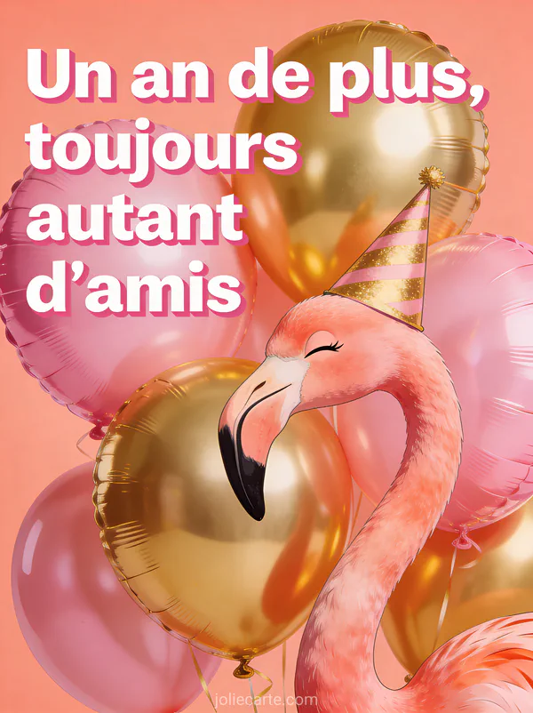 Flamant rose humoristique avec chapeau d'anniversaire entouré de ballons roses et dorés et le texte Un an de plus toujours autant d'amis