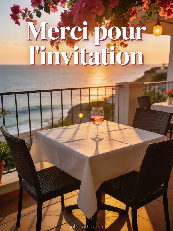 Terrasse de restaurant avec vue mer, table dressée et bougainvillier en fleurs avec le texte Merci pour l'invitation