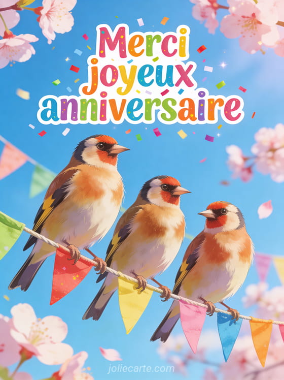 Illustration de chardonnerets perchés sur un fil avec fanions colorés, confettis et fleurs de cerisier, texte Merci joyeux anniversaire