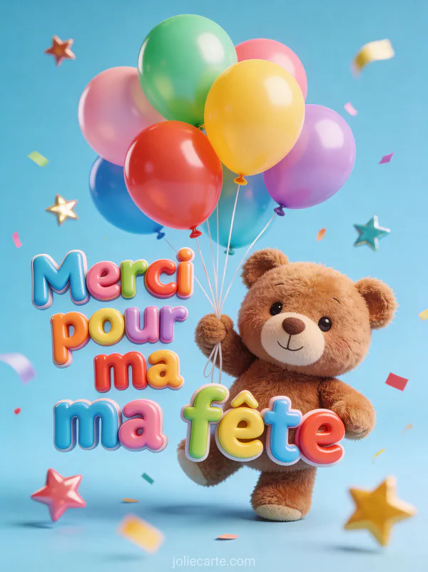 Illustration joyeuse d'un ourson en peluche tenant des ballons multicolores avec le texte Merci pour ma fête