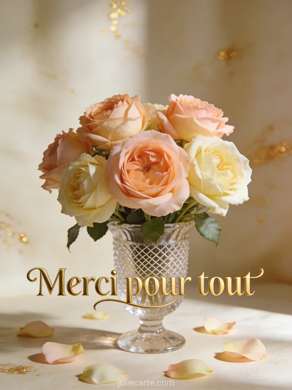 Bouquet de roses David Austin pêche et crème dans un vase en cristal sur fond doré avec le texte Merci pour tout