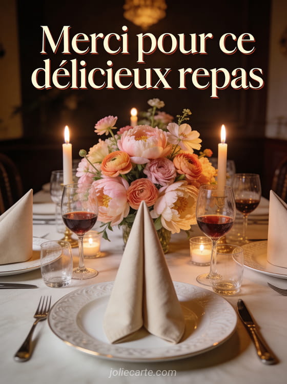 Table dressée élégamment avec assiettes raffinées, verres à vin, centre de table fleuri de pivoines et le texte Merci pour ce délicieux repas