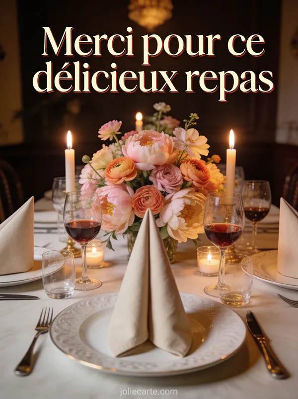 Table dressée élégamment avec assiettes raffinées, verres à vin, centre de table fleuri de pivoines et le texte Merci pour ce délicieux repas