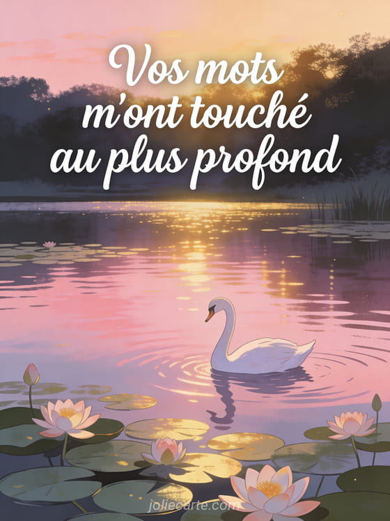 Cygne gracieux sur un lac au crépuscule avec nénuphars en fleurs et le texte Vos mots m'ont touché au plus profond